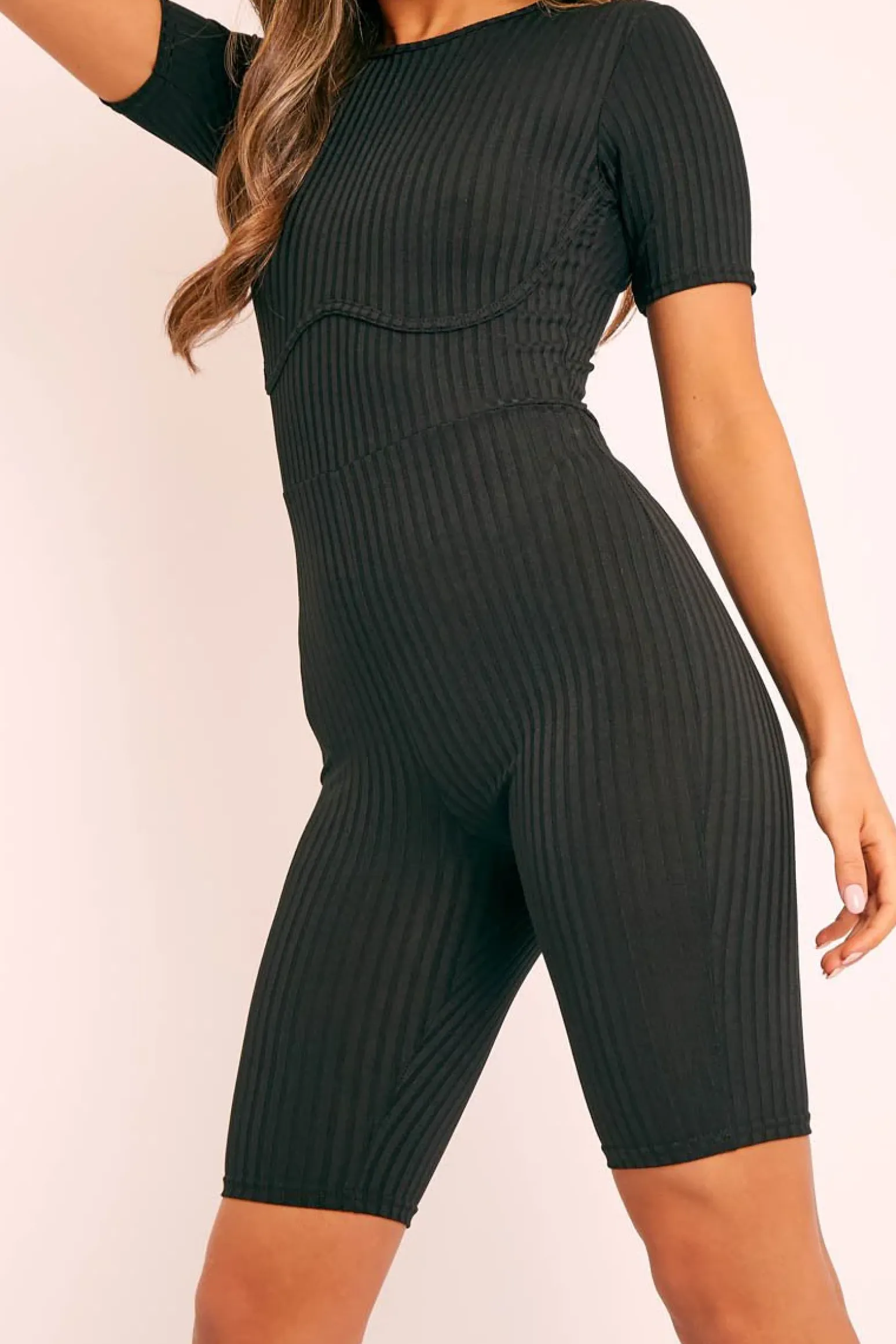Rebellious Fashion Black Ribbed Corset Unitard Playsuit - Delfina