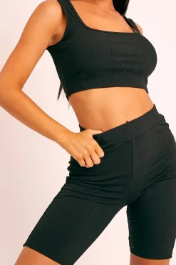 Rebellious Fashion Black Ribbed Crop Top and Cycling Shorts Co-ord - Nina
