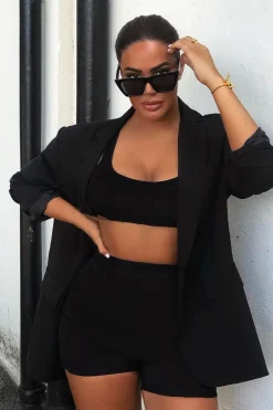 Rebellious Fashion Black Ribbed Crop Top and Cycling Shorts Co-ord - Renny