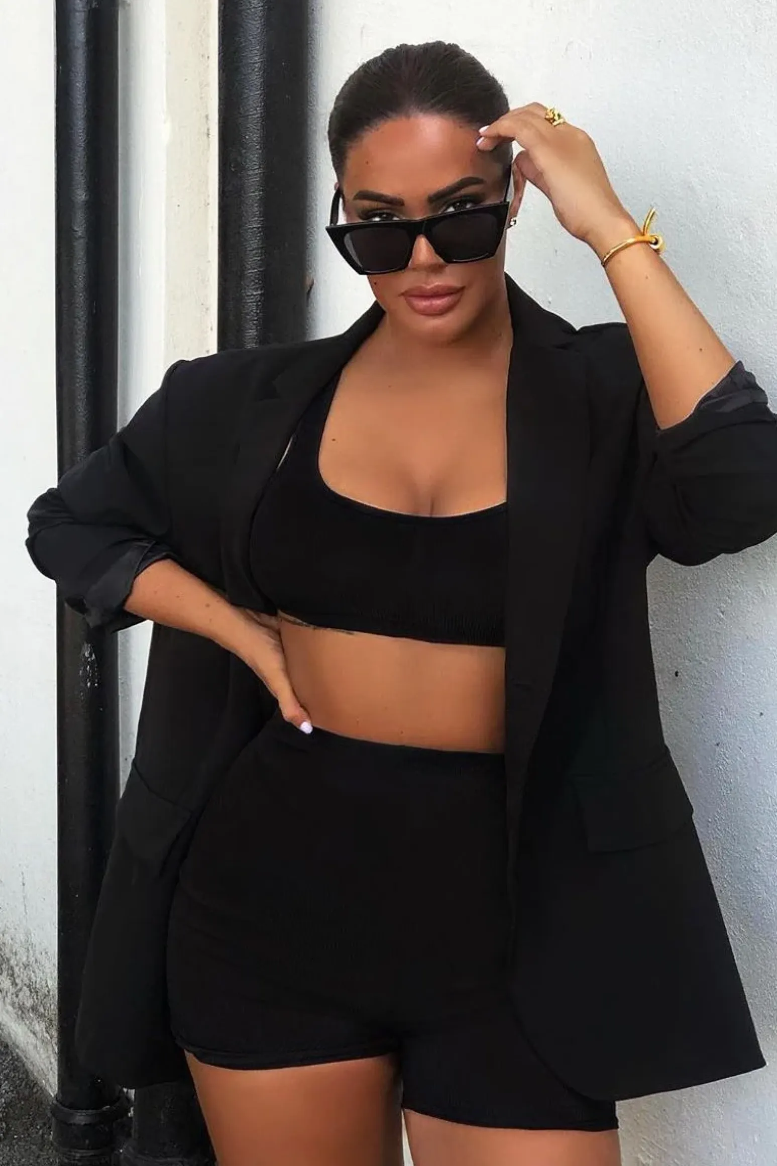 Rebellious Fashion Black Ribbed Crop Top and Cycling Shorts Co-ord - Renny