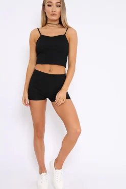 Rebellious Fashion Black Ribbed Crop Top and Shorts Co-ord Set - Jenara
