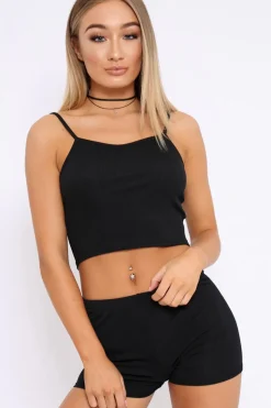 Rebellious Fashion Black Ribbed Crop Top and Shorts Co-ord Set - Jenara