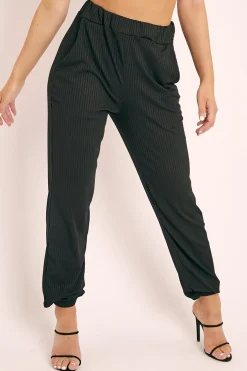 Rebellious Fashion Black Ribbed Cuffed Trousers - Scarletta