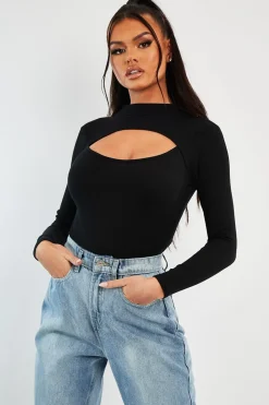 Rebellious Fashion Black Ribbed Cut Out Detail Bodysuit - Murphie