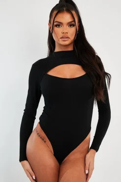 Rebellious Fashion Black Ribbed Cut Out Detail Bodysuit - Murphie