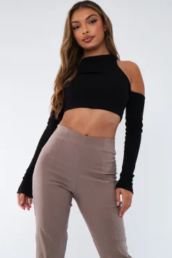 Rebellious Fashion Black Ribbed Cut Out Shoulders Crop Top - Tyra