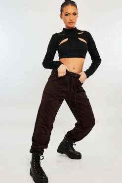 Rebellious Fashion Black Ribbed Double Cut Out Crop Top - Graci