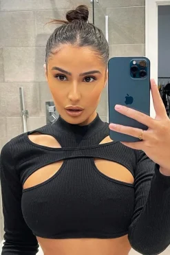 Rebellious Fashion Black Ribbed Double Cut Out Crop Top - Graci