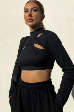 Rebellious Fashion Black Ribbed Double Cut Out Crop Top - Graci