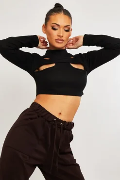 Rebellious Fashion Black Ribbed Double Cut Out Crop Top - Graci