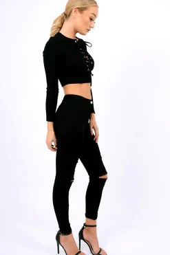 Rebellious Fashion Black Ribbed Eyelet Lace Up Crop Top - Freyanne