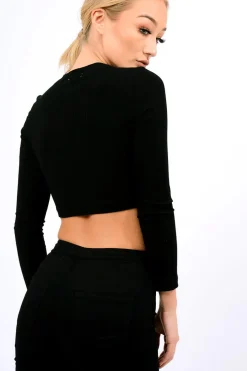 Rebellious Fashion Black Ribbed Eyelet Lace Up Crop Top - Freyanne