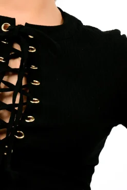 Rebellious Fashion Black Ribbed Eyelet Lace Up Crop Top - Freyanne