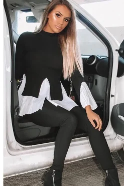 Rebellious Fashion Black Ribbed Flared Shirt and Leggings Co-ord - Aafiya