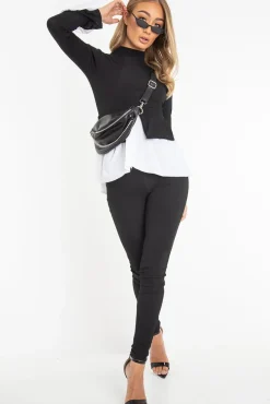 Rebellious Fashion Black Ribbed Flared Shirt and Leggings Co-ord - Aafiya