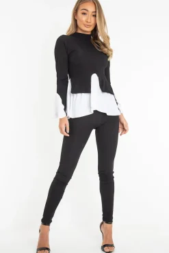 Rebellious Fashion Black Ribbed Flared Shirt and Leggings Co-ord - Aafiya