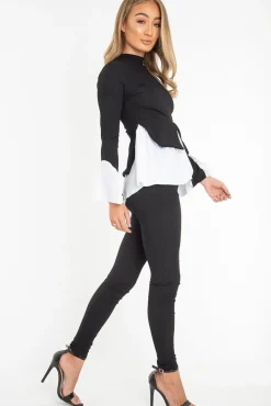 Rebellious Fashion Black Ribbed Flared Shirt and Leggings Co-ord - Aafiya
