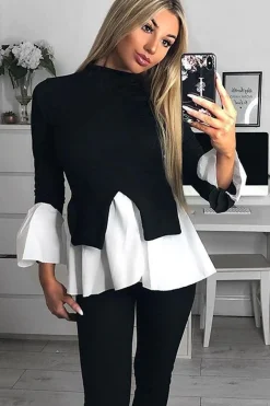 Rebellious Fashion Black Ribbed Flared Shirt and Leggings Co-ord - Aafiya
