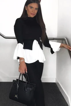 Rebellious Fashion Black Ribbed Flared Shirt and Leggings Co-ord - Aafiya