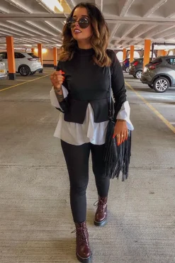 Rebellious Fashion Black Ribbed Flared Shirt and Leggings Co-ord - Aafiya