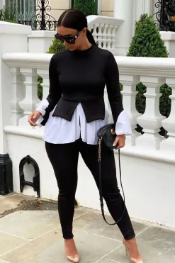 Rebellious Fashion Black Ribbed Flared Shirt and Leggings Co-ord - Aafiya