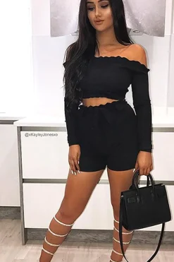 Rebellious Fashion Black Ribbed Frill Bardot Crop Top - Cassidy