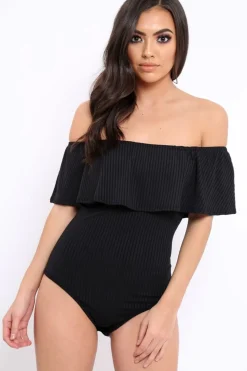 Rebellious Fashion Black Ribbed Frill Bodysuit - Charl