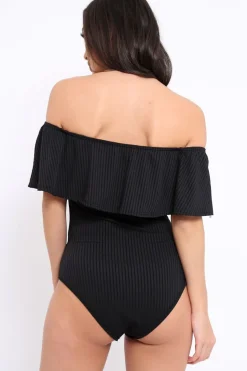 Rebellious Fashion Black Ribbed Frill Bodysuit - Charl
