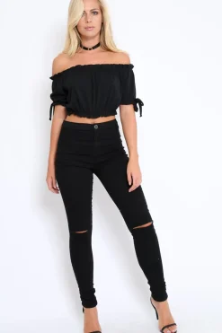 Rebellious Fashion Black Ribbed Frill Gypsy Top - Maysia