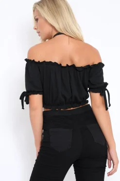 Rebellious Fashion Black Ribbed Frill Gypsy Top - Maysia