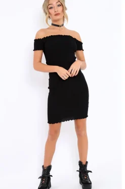 Rebellious Fashion Black Ribbed Frill Hem Bardot Bodycon Dress - Kamille