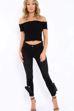 Rebellious Fashion Black Ribbed Frill Hem Bardot Crop Top - Adelle