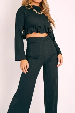Rebellious Fashion Black Ribbed Frill Hem Top and Wide Leg Trouser Co-ord - Blayke