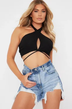 Rebellious Fashion Black Ribbed Halter Neck Tie Detail Crop Top - Rubi