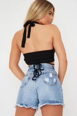 Rebellious Fashion Black Ribbed Halter Neck Tie Detail Crop Top - Rubi
