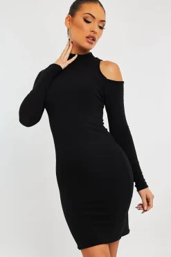 Rebellious Fashion Black Ribbed High Neck Shoulder Cut Out Mini Dress - Carola
