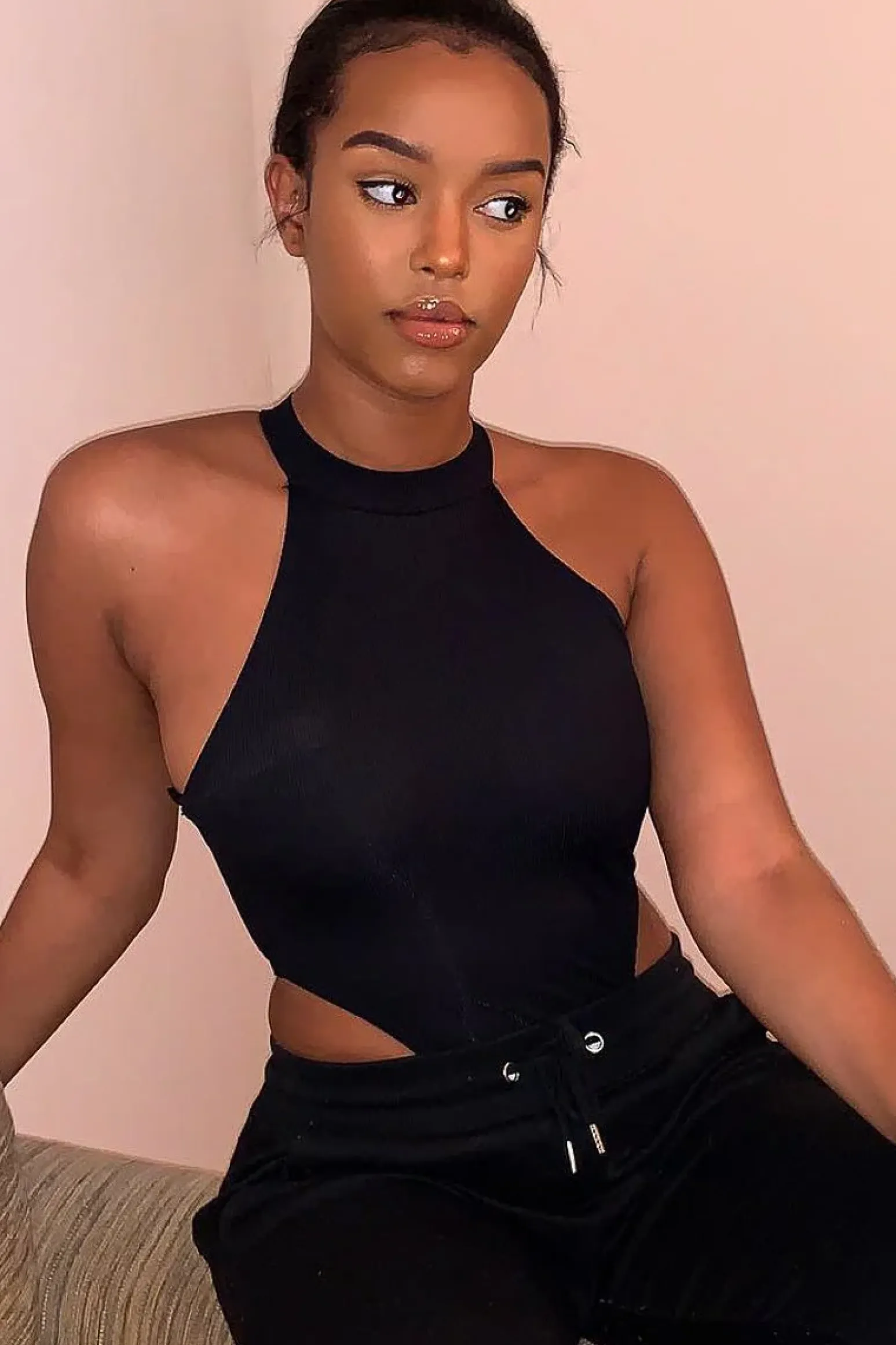 Rebellious Fashion Black Ribbed High Neck Sleeveless Bodysuit - Electra