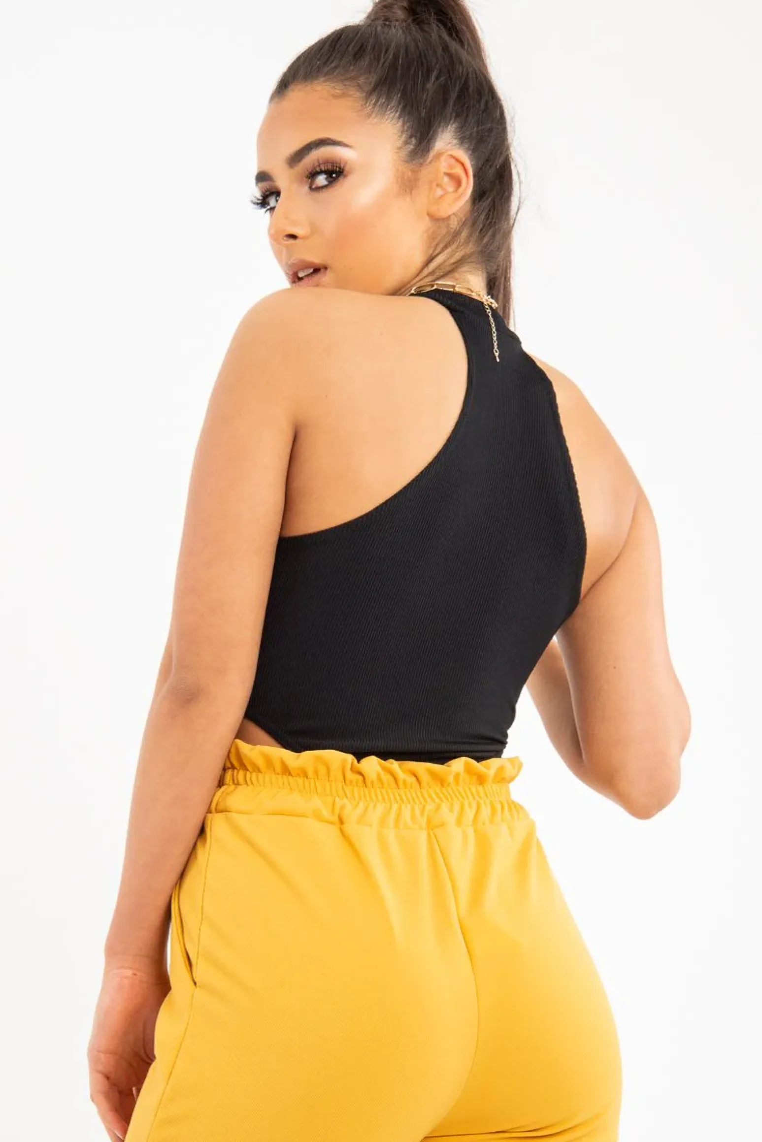 Rebellious Fashion Black Ribbed High Neck Sleeveless Bodysuit - Electra