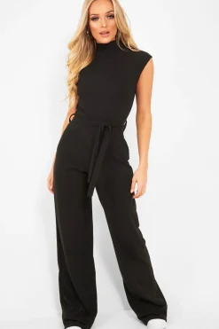 Rebellious Fashion Black Ribbed High Neck Wide Leg Belted Jumpsuit - Rayden