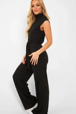 Rebellious Fashion Black Ribbed High Neck Wide Leg Belted Jumpsuit - Rayden