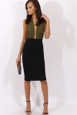 Rebellious Fashion Black Ribbed High Waisted Midi Skirt - Della