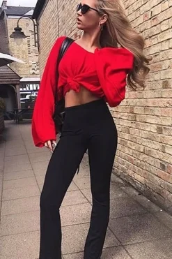 Rebellious Fashion Black Ribbed Kick Flare Trousers - Chlo