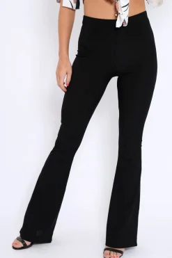 Rebellious Fashion Black Ribbed Kick Flare Trousers - Chlo