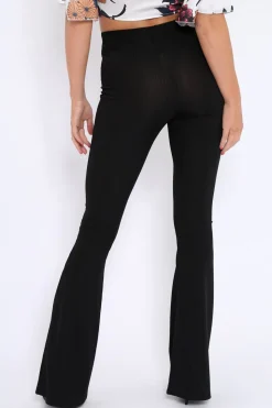 Rebellious Fashion Black Ribbed Kick Flare Trousers - Chlo
