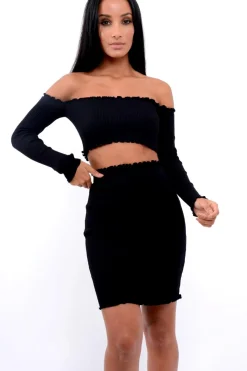 Rebellious Fashion Black Ribbed Knitted Co-ord with Frill Hems - Sicilie