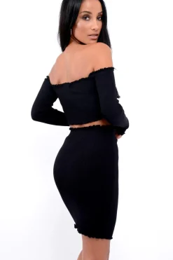 Rebellious Fashion Black Ribbed Knitted Co-ord with Frill Hems - Sicilie