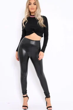 Rebellious Fashion Black Ribbed Knot Front Crop Top with Sports Trim - Hayley
