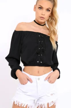 Rebellious Fashion Black Ribbed Lace Up Bardot Crop Top - Sara
