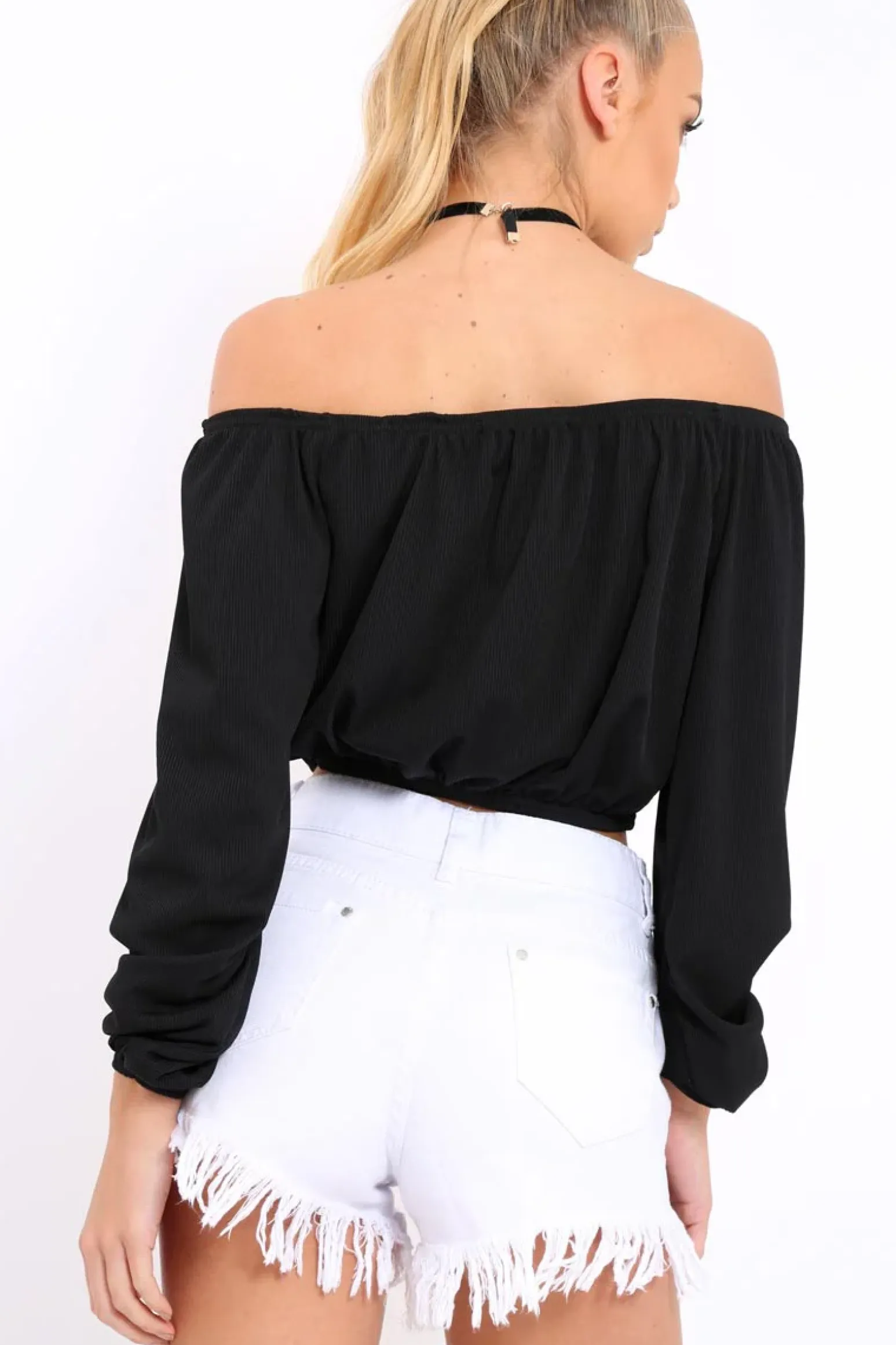 Rebellious Fashion Black Ribbed Lace Up Bardot Crop Top - Sara