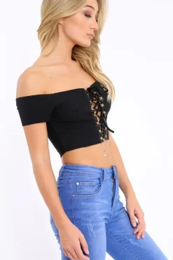 Rebellious Fashion Black Ribbed Lace Up Bardot Crop Top - Arianna